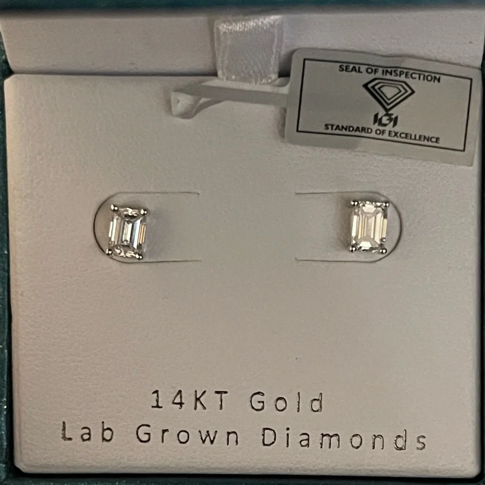 IGI Certified Emerald Cut Laboratory Grown Diamond Earrings 14K WG 1CTW NWT - Picture 8 of 9